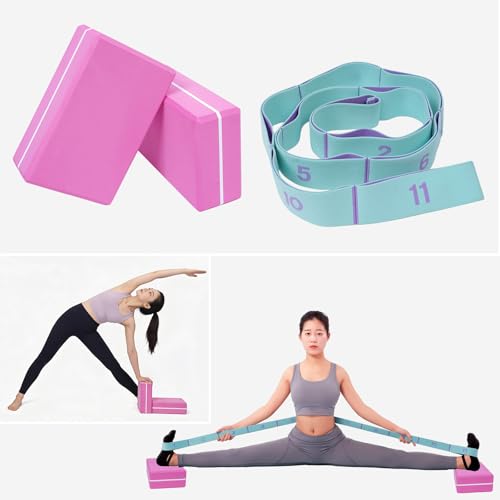 High Density Yoga Blocks 2 Pack with 11 Loops Stretch Band, 350g Non-Slip Foam Exercise Bricks for Pilates & Dance, Pink Gym Accessories with Carry Bag for Flexibility, Balance & Rehab Training - color: Pink Brick & Blue Band