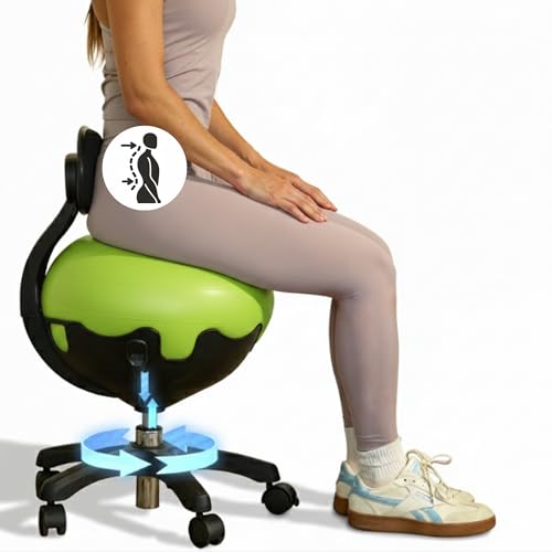 Aeromat Elite Yoga Ball Chair Active Sitting & Adjustable Height 250lbs Cap | Lockable Wheels, Ergonomic Desk Chair, Anti-Burst Removable Ball. Posture Strengthening, & Core Relief, for Office & Home Use - color: Green