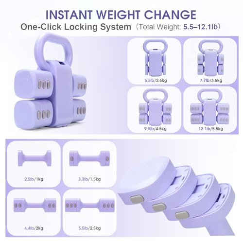 Adjustable 2-in-1 Convertible Kettlebell & Dumbbells Set, 4 in 1 Free Weights Dumbbell Set of 2, Each 2.2 3.3 4.4 5.5lb Quick Change Women Dumbbell Set for Home Exercise Training - color: Purple