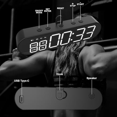 Portable Gym Timer, LED Display Interval Timer with Time Progress Bar/Rounds, Countdown/Up Stopwatch, Buzzer & Rechargeable Powered Battery Workout Timer for Home Gym Fitness