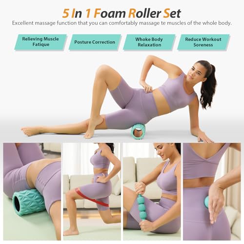 5 in1 Foam Roller Set, Trigger Point Foam Roller, Massage Roller Stick, Massage Ball, Resistance Band for Deep Muscle Massage Pilates Yoga,Fitness Exercise for Whole Body (Pure Turquoise) - color: Pure Turquoise