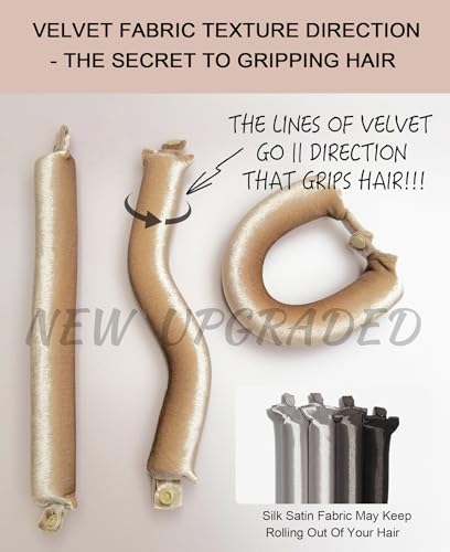 Grande Heatless Curls Overnight Rods - Upgraded Directional Grip Velvet - No Heat Hair Curlers to Sleep, Jumbo Large Hair Rollers Flexible Curling Rods Set for Long Thicker Coarser Hair Blowout Look - color: Champagne