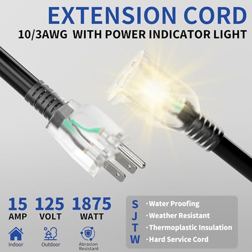 6ft Outdoor/Indoor Extension Cord with Lighted 10/3 Gauge Ultra 3 Prong Heavy Duty SJTW, Waterproof, Flexible Cold-Resistant,15A 125V 1875W, Black - size: 6FT
