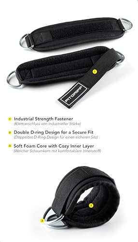 Fitgriff® Ankle Straps V3 for Cable Machine (2 Pieces) - Gym Workout Equipment - Leg Pulley Attachment, Kickback Straps - color: Black/White