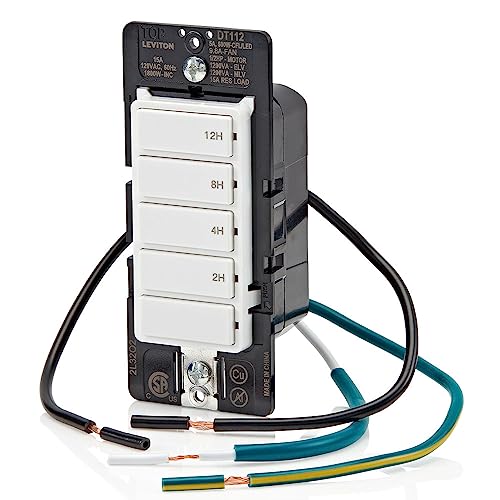 Leviton Countdown Timer Switch for household lights, heaters and exhaust fans, 2-4-8-12 hour, No Neutral Wire Required, Single Pole, 15A, 1/2 HP/9.8A Fan/Motor, DT112-1LW, White - style: 2-4-8-12 hour, No Neutral Required