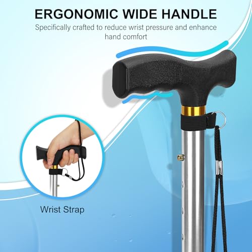 supregear Folding Cane, Lightweight 5-Level Adjustable Walking Stick with Wrist Strap and T-Handle, Portable Mobility Aid for Elderly and Disabled Men and Women - color: Silver