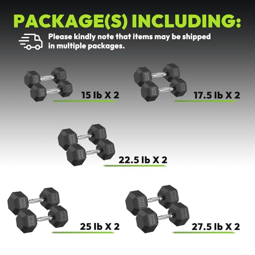 HANDBODE Rubber Coated Hex Dumbbell Set, 90-640 lb | Hand Weight for Strength Training, Hexagon Shape, Multiple Weight Options for Home Gym Strength Training - size: 215 lb set (pair of 15, 17.5, 22.5, 25, 27.5)