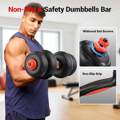 Yoleo Adjustable Dumbbell Set, 45LBS Free Weight Set with Silent Anti-Collision Air Cushion with Connector, 5-in-1 Dumbbells Set Includes Barbell, Kettlebells, Push up Stand, Weight Plate, Exercise & Fitness Dumbbells Weight Set for Home Gym Suitable Men/