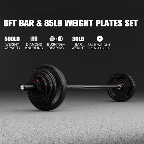 RitFit Barbell Weight Set - 4/6FT Olympic Barbell with Weight Plates (55-115LB Total) - Weightlifting Equipment for Squats, Curls, Deadlifts, Presses, Hip Thrusts - color: Black, size: 6FT With 85LB Plates