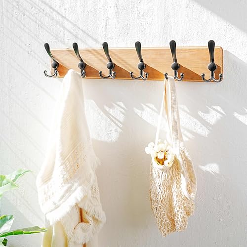Dseap Coat Rack Wall Mounted - 24" Long 6 Tri Hooks, Heavy Duty Wooden Wall Coat Hanger Coat Hook for Clothes Hat Jacket Clothing, Weathered Yellow and Black - color: Weathered Brown & Black, size: L=24"