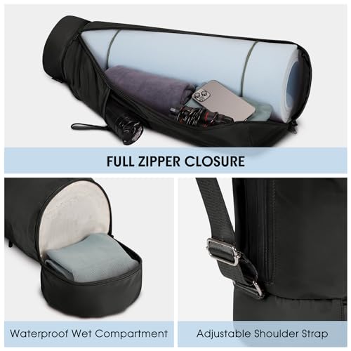 sportsnew Yoga Mat Bag, Full Zip Cargo Yoga Mat Carrier Bag with Drawstring Water Bottle Pocket and Bottom Wet Pocket, Exercise Yoga Mat Carrier Holder Multi-Functional Storage Bag Patent Pending - color: Black, size: Medium pocket