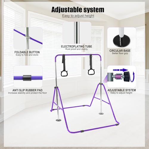 YEEGO DIRECT Gymnastics Bar for Girls Boys (A-G-E-S 3-10) with Rings, Folding Gymnastics Bars Horizontal Bar, Expandable for Home Training Gifts for Girls Boys - color: Purple