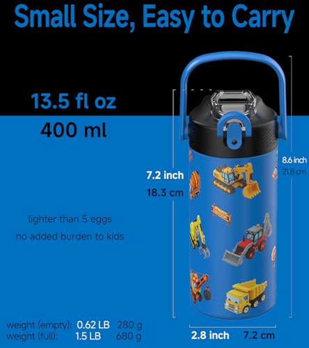MYFOREST 14oz/400ml Insulated Kids Water Bottle, Odor-free Liner, 3D Touch | No Plastic Taste, Surgical Steel - No Chemical Leaching, Name Spot, Soft Sipper, Gift for Machine Fan, Construction Vehicles - color: Construction Vehicles