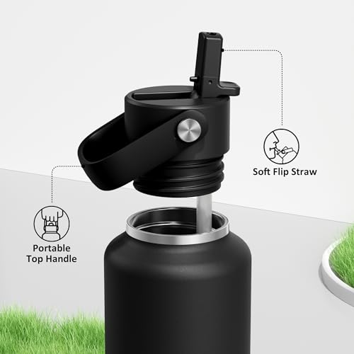 POWCAN 24 oz Slim Insulated Water Bottle with Straw: Leakproof, Keep Cold 24H, Cupholder Friendly, Top Handle, BPA-free, Stainless Steel Water Bottle for Sport, Travel, School, Gym (Midnight Black) - color: Midnight Black, size: 24 Ounces