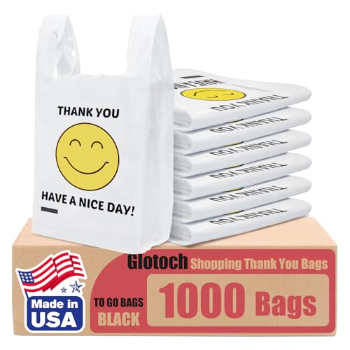 Glotoch 1000 Count Plastic Thank You T-shirt Bags Smile Face, 11.5 x 6.5x 21" HAVE A NICE DAY Grocery Shopping Gift Bag with Handle for Restaurant, Retail, Takeout, Convenience Store, in Bulk Business - color: White Smile, size: 1000 Count