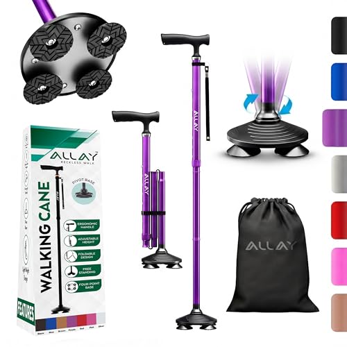 Allay Walking Canes for Men & Women - Adjustable Canes for Women for Stability, Self Standing Wide Quad Pivot Base, Light Weight, Soft Handle Grip and Travel Bag, Walking Sticks for Seniors - color: Purple