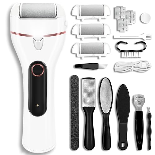 Callus Remover for Feet, Electric Foot Callus Remover Waterproof with 3 Rollers 2 Speed Battery Display,17 in1 Rechargeable Foot File Pedicure Kits for Dead Hard Cracked Dry Skin（White - style: White