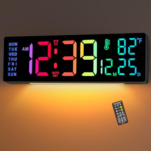 Soobest 14.2 Inch Electric Digital Wall Clock, LED Large Display | Date, Day, Temp, 8-in-1 Color Changing Big Clock for Elderly, Auto DST, Remote Control Timer for Living Room Classroom Gym - color: 14.2” Multicolor