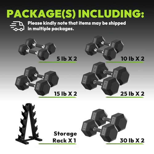 HANDBODE Hex Dumbbell Set with Vertical Storage Rack, 100–550 lb | Non-Slip Handle Design for Secure Grip, Rubber Encased Dumbbells, Hand Weights for Strength Training and Home Gym - style: 170 lb (5, 10, 15, 25, 30 lb) X 2 & Rack