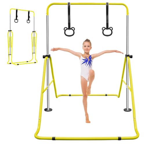 Gymnastics Bars for Kids with Rings, Junior Kip Training Bars Equipment for Home, Folding Height Adjustable Horizontal Bars - color: Yellow