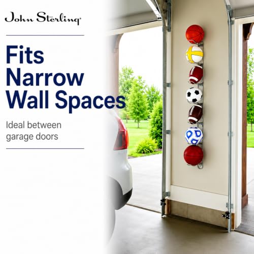 Knape & Vogt Wall Mounted Ball Rack for Garages | 7-Ball Capacity, 63-1/8 in. Tall, John Sterling Collection, Alloy Steel, Silver