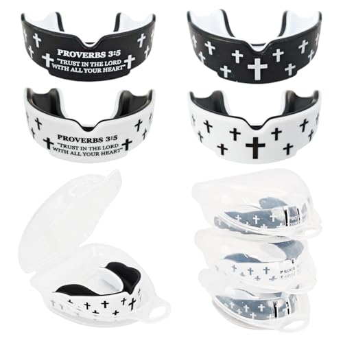 Piemow 4 Pcs Mouth Guard, Religious Faith Cross Sports Mouthguard with Case | Mouth Guards Braces for Football Boxing Basketball Lacrosse Hockey and All Contact Sports - color: 3:5+cross