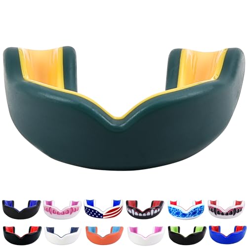 Oral Mart Youth Sports Mouth Guard for Kids (USA Flag, Fangs, 20+ Colors to Choose from) Mouthguard for Football, MMA, Karate, Boxing, Rugby, BJJ, Flag Football – /w Case (Youth, Strapless) - color: Green/Yellow