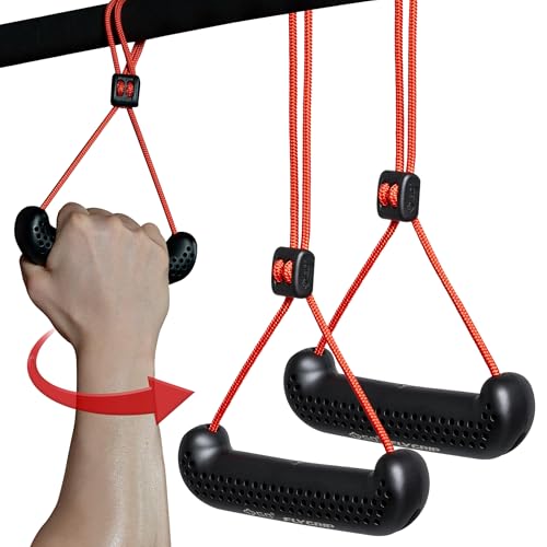 GD Fly Grip Pull Up Handles LAT Pull Down Attachments Nuetral Grip Cable | Nuetral grip Pull up bar, T-bar row Handle, 90 angle rotating, Barbell, Deadlift, Cable attachment, d handle tricep rope - color: Black Grip(Red strap)