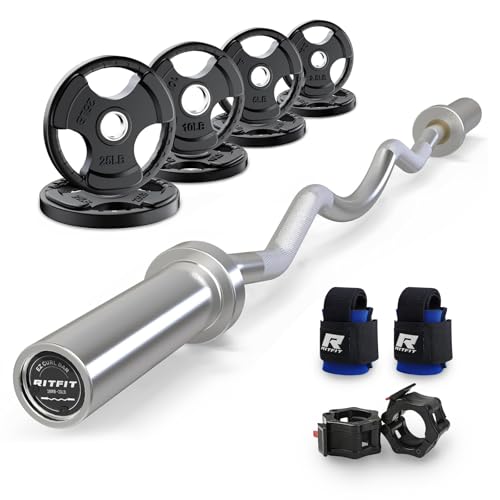 RitFit 2 Inch EZ Curl Bar with Weights, 350LBS Capacity Olympic Barbell for Bicep & Triceps, Home Gym Strength Training - style: Silver(with 85LB Weights,Collar and wrist)