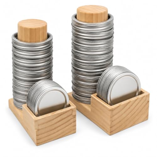 Mason Jar Lid Organizer, 2 Pack Wood Holder for Regular & Wide Mouth | Solid Pine Wood, 2-Pack Set, Regular & Wide Mouth, Holds 26 Rings & 44 Lids, Space-Saving Storage