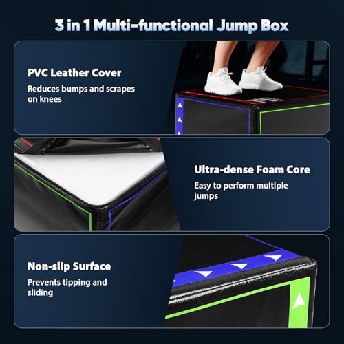 3 in 1 Foam Plyometric Jump Box for Home Gym,High Density EPE Foam Core and PVC Leather Cover Non Slip Easy to Clean,Plyo Box for Training Fitness Workout Exercise