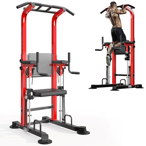 SogesHome Power Tower Pull Up Bar Station Height Adjustable Assistive Rack | Multi-Function Strength Training Equipment Full Body Workout Machine, Freestanding Push Up Dip Stand for Home Gym Exercise - color: Red