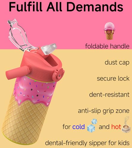 MYFOREST 14oz/400ml Insulated Kids Water Bottle, Odor-free Liner, 3D Touch | No Plastic Taste, Surgical Steel - No Chemical Leaching, Name Spot, Soft Sipper, Gift for Sweet Tooth, Strawberry Ice Cream - color: Strawberry Ice Cream