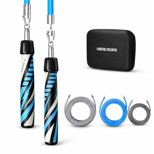 HEREROPE Weighted Jump Rope for Men Women Interchangeable 1/6lb 1/4lb 1/2lb Heavy Jump Rope- Adjustable Length, Tangle Free, Smooth Ball Bearing, Anti-slip Grip, Skipping Rope for Weight Loss - color: Blue & Black, size: 9'0" L - Fits Users Under 5'10"