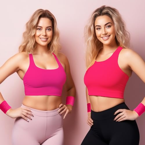 Bememo 24 Pcs Wrist Sweatbands Bulk Sports Wrist Bands for Men Women Breathable Athletic Tennis Wristbands Stretchy Absorbent Cotton Terry for Basketball, Baseball, Gym, Working Out - color: Neon Pink