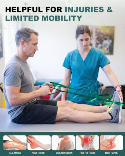 Trideer Non-Elastic Stretching Strap with Loops for Physical Therapy & Rehab, Knee Hip Leg ROM Post-Surgery, Yoga Strap for Stretching, Leg Lifter Strap Mobility Aid, Hamstring Calf Back - color: Emerald Green