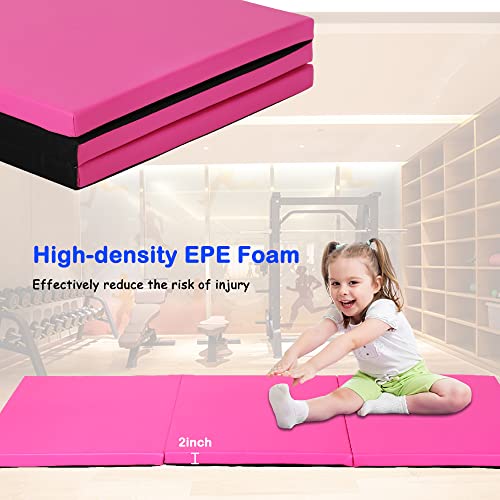 Gymnastics Tumbling Mat, 3 Folding Exercise Mat with Handle, All-Purpose Home Gym Mat for Tumbling, 6'x2'x2' - color: Pink