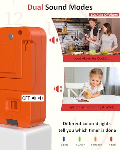 Digital Kitchen Timer with 4 Channel, Loud Alarm and Silent Mode | Magnetic Cooking Timer with Count Up & Countdown for Kids and Seniors, Large Display to Read, Auto Memory, Battery Included - color: Orange