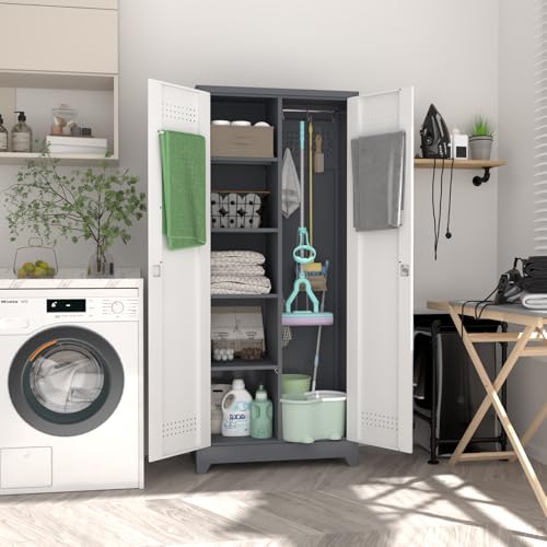 IRONFFICE Metal Storage Cabinets with Doors and Shelves,Tall Broom Closet Storage Cabinet with Pegboard,Utility Tool Cabinets,Steel Locking Cabinets for Home Office,Basement,Laundry,Grey-White - size: 72"H x 31.5"W x 15.74"D-Grey/white