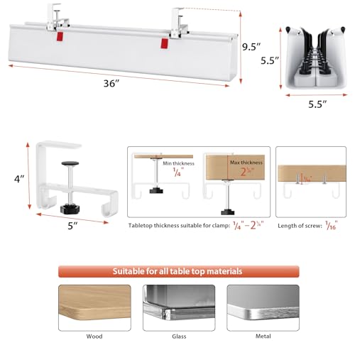 Univivi No Drill Under Desk Cable Management Tray, 36" Cord Organizer for Table, Clamp/Screw Mount Desk Cable Management, Premium Fabric Cable Management Tray for Office, Home - color: White, size: 36"L x 5.5"W