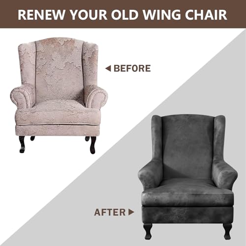 ANARACHON Leather Look Wingback Chair Covers, 2-Piece Wing Chair slipcover,Stretch Wing Back Armchair Slipcovers with Elastic Bottom, Soft Spandex Furniture Protector for Living Room (Light Grey) - color: Light Grey