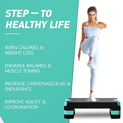 GYMMAGE Aerobic Exercise Step, Adjustable Height, | Aerobic Workout Step Platform for Exercise, 26.5" Step Deck with Adjustable Height, Women Home Gym Cardio Fitness - color: Turquoise