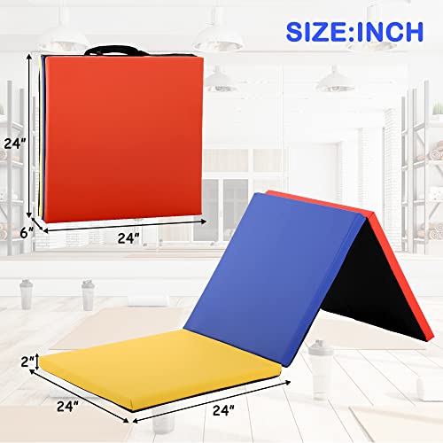 Gymnastics Tumbling Mat, 3 Folding Exercise Mat with Handle, All-Purpose Home Gym Mat for Tumbling, 6'x2'x2' - color: Colorful