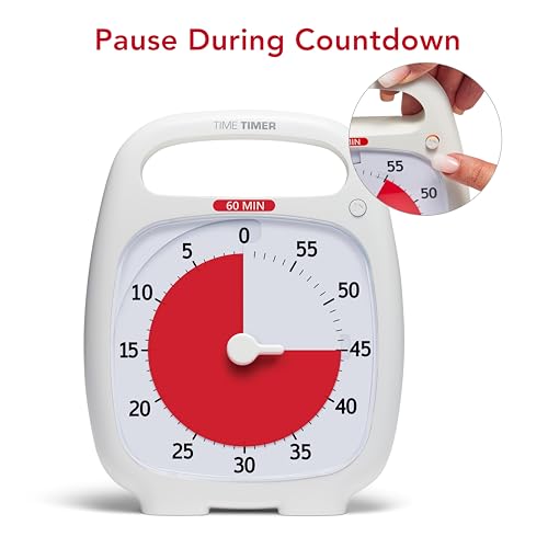 Time Timer Plus 60 Minute Desk Visual Timer — Countdown Timer with Portable Handle for Classroom, Office, Homeschooling, Study Tool with Silent Operation (White) - size: 5-1/2 x 7 in, style: 60 Minute (White) (Pack of 1)