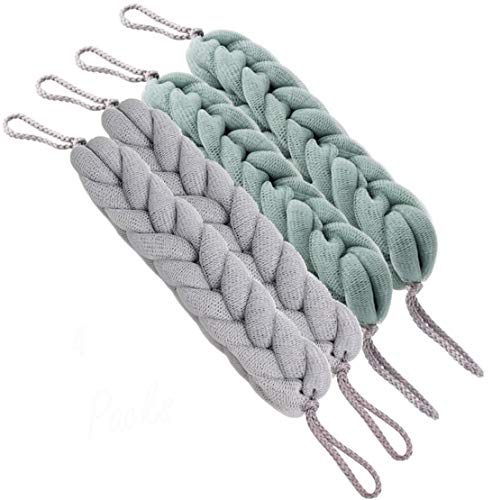 AARainbow 4 Packs Long Stretch Back Sponge with Rope Handles Back Scrubber Bath Shower Mesh Sponge Exfoliating Body Scrub Stretch Braided Loofah for Men and Women(2 Gray+2 Green) - color: 2 Gray+2 Green