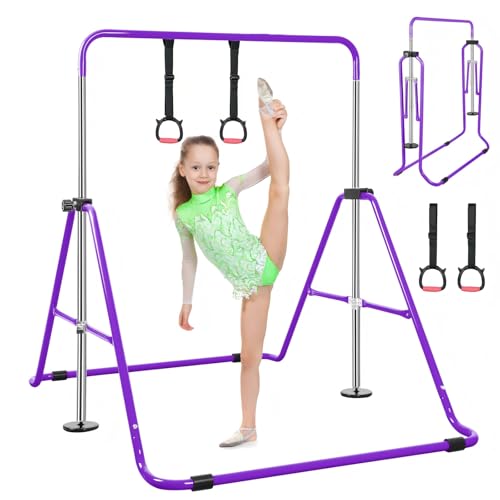 Expandable Gymnastics Bars with Ring, Adjustable Height Gymnastic Horizontal Bars, Gym Junior Training Bar Children Folding Training Monkey Bars for Kids - color: Purple