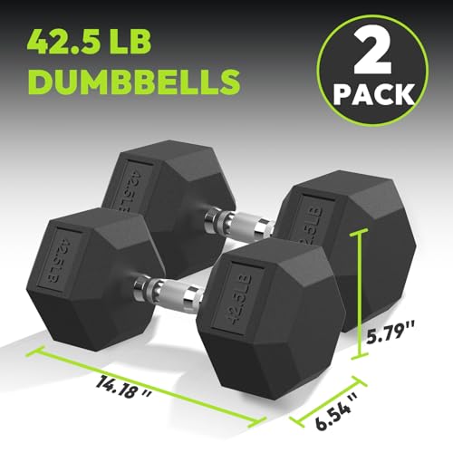 HANDBODE Hex Dumbbell Set of 2, Rubber Encased Fixed Dumbbells, 2.5-65 lb | Non-Slip Comfortable Handles, Hand Weights for Strength Training, Ideal for Home Gym Workouts - size: 42.5 lb, Pair, style: Chrome Handle