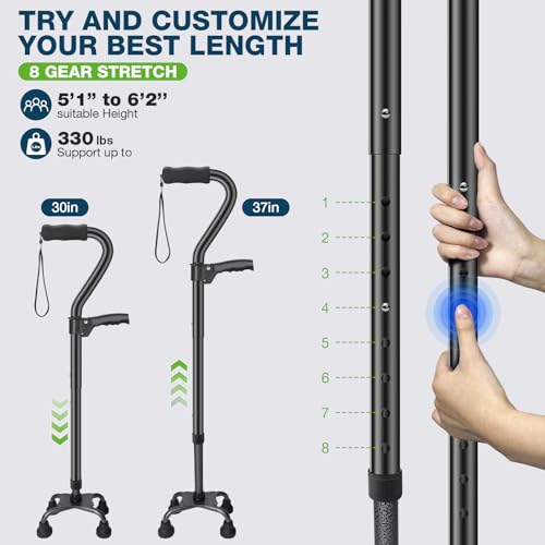 Ciavca Walking Canes for Women & Men, Adjustable Folding Quad Cane, Heavy Duty Walking Sticks Canes for Seniors Balance,Collapsible, Lightweight Self Standing Cane with 2nd Handle and 4-Pronged Base
