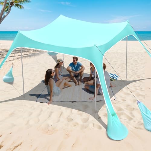 2PM SPORTS Beach Tent Sun Shelter 10x10 FT - UPF 50+ UV Protection, 8 Sandbags, Easy Setup, Portable Shade Canopy for Family Picnic Camping Travel - color: Mint blue
