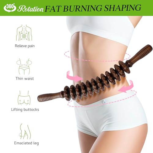 Wooden Curved Handheld Roller Stick Massager - 12 Rollers Wood Therapy Tool for Trigger Point, Fascia & Cellulite Reduction, Lymphatic Drainage, Muscle Tension Relief & Body Shaping (Brown) - color: Brown Curved-12 Rollers